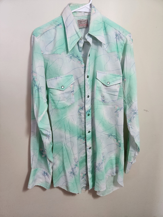 H Bar C Other - Men's Vintage 1970s Mint Floral Western Button-Up Shirt M Medium 15/34